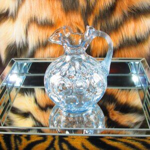 Vintage Fenton Style Blue Bubble Glass Pitcher with Ruffled Spout